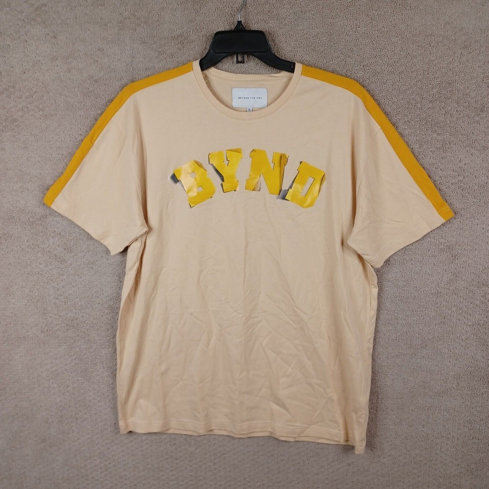 Beyond‎ The Pen Shirt Mens Large Beige Yellow Bynd Crew Neck Short Sleeve Cotton